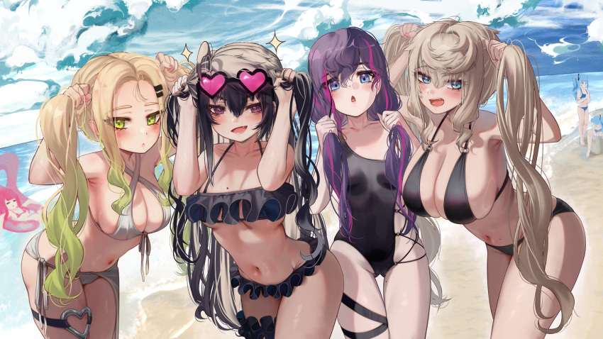 ahoge bangs beach bikini black_hair blonde_hair blue_eyes blush breasts chestnut_mouth cleavage collarbone criss-cross_halter cross-laced_clothes fang frilled_bikini frills gradient_hair green_eyes green_hair hair_between_eyes hair_ornament hair_ribbon hairclip halterneck heart heart-shaped_eyewear highres huge_breasts iruka_blue_(torriet) large_breasts long_hair looking_at_viewer medium_breasts midriff mole mole_on_breast multicolored_hair multiple_girls navel one-piece_swimsuit open_mouth original outdoors pink_hair priite_hari_(torriet) purple_eyes purple_ribbon ribbon small_breasts standing swimsuit torriet twintails very_long_hair