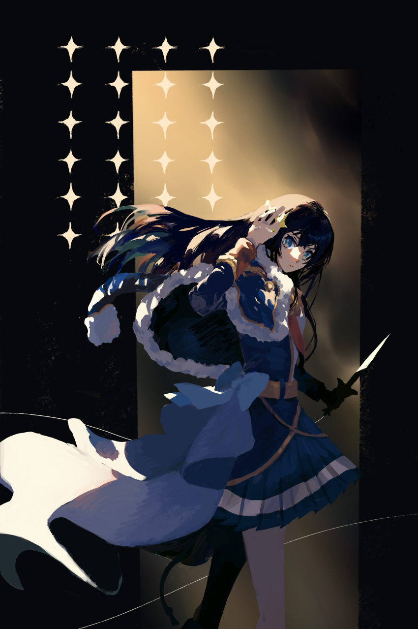1girl absurdres arm_up blue_bow blue_eyes blue_hair blue_skirt bow capelet copyright_request feet_out_of_frame floating_hair fur-trimmed_capelet fur_trim highres holding holding_weapon long_hair looking_at_viewer looking_to_the_side pleated_skirt shirono_kuma skirt solo sparkle standing weapon
