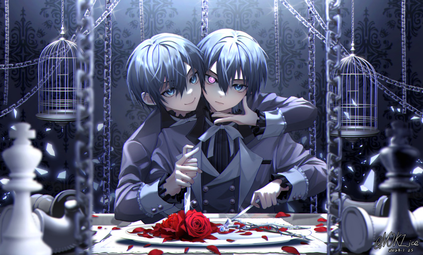 2boys blue_eyes blue_hair brothers cage chain ciel_phantomhive flower frilled_sleeves frills highres holding holding_knife knife kuroshitsuji long_sleeves looking_at_viewer male_focus multiple_boys noki_ice purple_eyes red_flower red_rose rose siblings twins upper_body