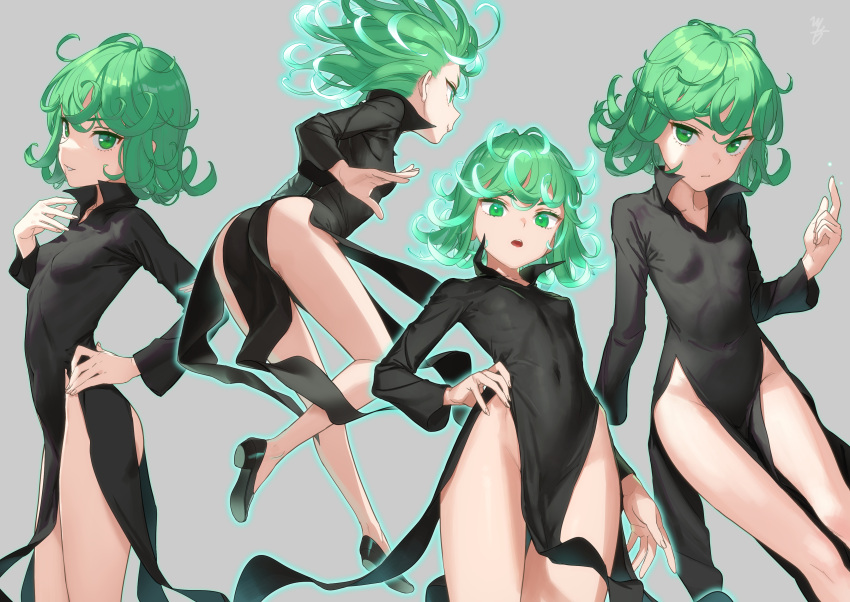 1girl absurdres ass bangs black_dress breasts closed_mouth collared_dress covered_navel curly_hair dress flipped_hair glowing green_eyes green_hair hand_on_hip highres kawakami_rokkaku long_sleeves looking_at_viewer one-punch_man open_mouth petite revision short_hair side_slit simple_background small_breasts smile tatsumaki thighs