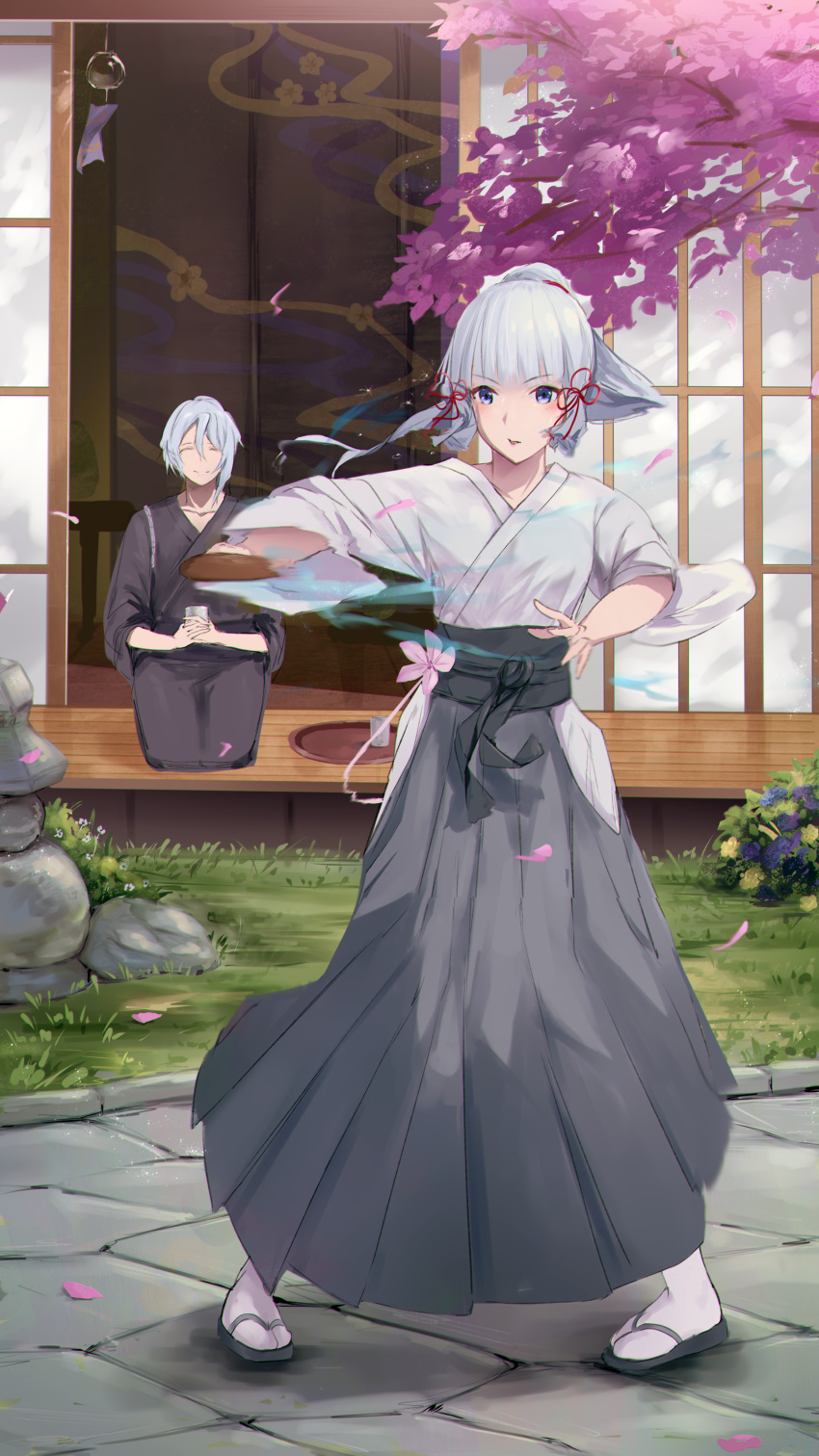 1boy 1girl ^_^ absurdres architecture bangs blue_eyes blue_hair blunt_bangs bokken brother_and_sister cherry_blossoms chinese_commentary closed_eyes concentrating cup east_asian_architecture flying_sweatdrops full_body genshin_impact hair_ornament hair_ribbon hakama highres holding holding_cup holding_sword holding_weapon japanese_clothes kamisato_ayaka kamisato_ayato kimono mole mole_under_eye nyu_aro practicing ribbon sandals seiza short_hair shouji siblings sitting sliding_doors smile sweat swinging sword tabi training tray tress_ribbon weapon wind wind_chime wooden_sword