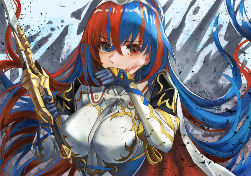 1girl absurdres alear_(female)_(fire_emblem) alear_(fire_emblem) armor bangs blood blue_eyes blue_hair braid breasts crossed_bangs crown_braid dress fire_emblem fire_emblem_engage gloves heterochromia highres long_hair looking_at_viewer mochigana multicolored_hair red_eyes red_hair solo split-color_hair two-tone_hair very_long_hair