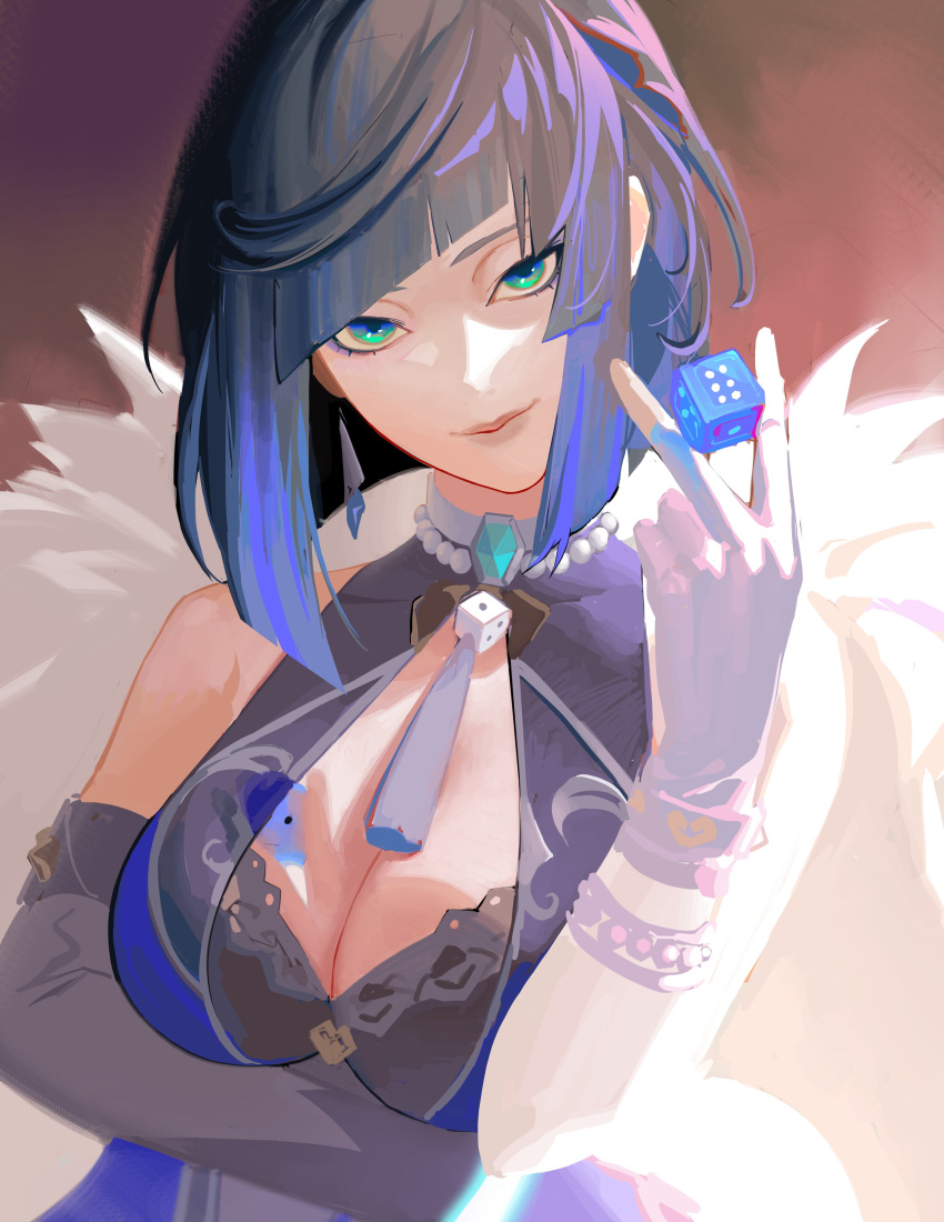 1girl absurdres arm_under_breasts asymmetrical_gloves bangs bead_choker blue_eyes blue_hair bob_cut breasts cleavage closed_mouth diagonal_bangs dice elbow_gloves feather-trimmed_jacket fur-trimmed_jacket fur_trim genshin_impact gloves halo highres holding jacket jacket_on_shoulders jewelry large_breasts looking_at_viewer mismatched_gloves mole mole_on_breast multicolored_hair neck_tassel pepepp39 short_hair single_elbow_glove smile solo tassel tassel_choker white_gloves yelan_(genshin_impact)