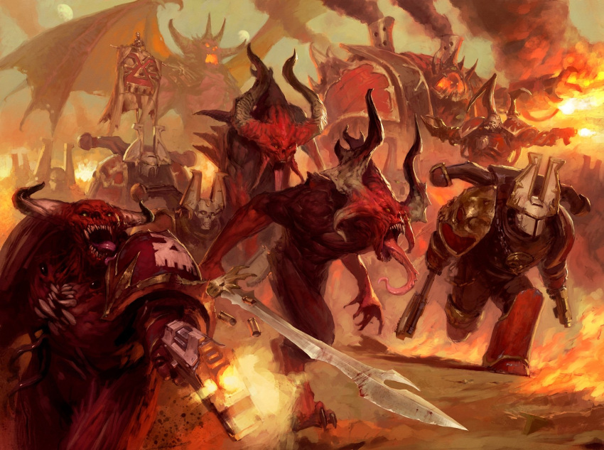 3others 6+boys armor armored_boots axe bolter boots chain_axe chaos_(warhammer) chaos_space_marine claw_(weapon) demon demon_horns demon_tail demon_wings dreadnought_(warhammer_40k) dual_wielding fire firing full_armor full_body grey_sky gun handgun hell hellbrute helmet highres holding holding_axe holding_gun holding_sword holding_weapon horns khorne khorne_berserker long_tongue multiple_boys multiple_others open_mouth outdoors pauldrons running science_fiction sharp_teeth sharp_toenails shell_casing shoulder_armor skull_ornament smoke space_marine sword tail teeth toenails tongue tyler_jacobson very_long_tongue warhammer_40k weapon wings world_eaters