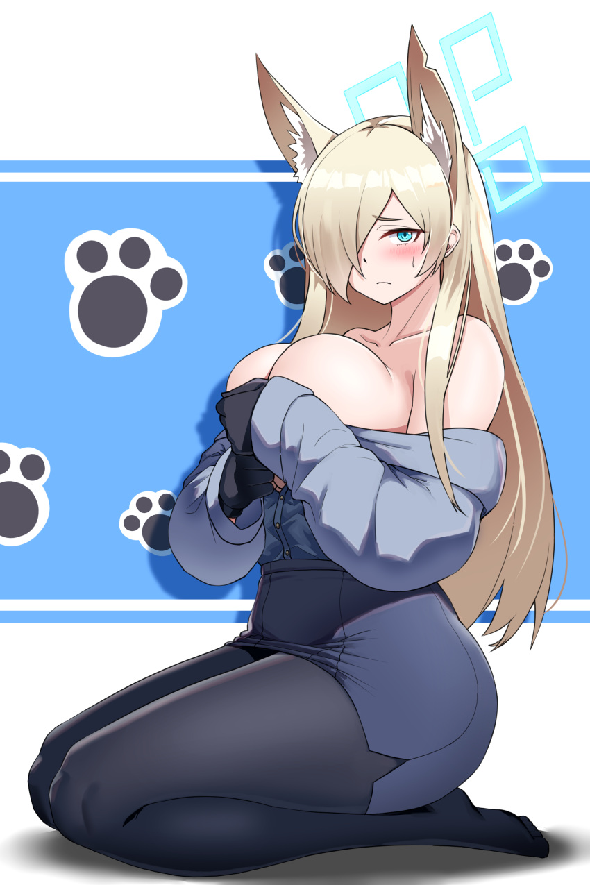 1girl absurdres animal_ears black_pantyhose blonde_hair blue_archive blue_eyes blush breasts cho!cho! closed_mouth covering covering_breasts hair_over_one_eye halo highres kanna_(blue_archive) large_breasts long_hair pantyhose paw_print paw_print_background sitting solo sweatdrop wariza