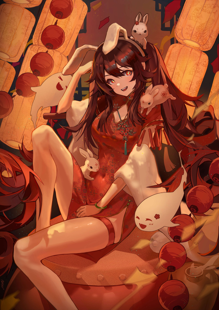 1girl :d absurdres ai_dongdong alternate_costume animal animal_ears animal_on_head animal_on_shoulder bangs boo_tao_(genshin_impact) breasts brown_hair china_dress chinese_clothes cleavage cleavage_cutout clothing_cutout covered_navel dress fake_animal_ears genshin_impact ghost hairband highres hitodama hu_tao_(genshin_impact) knee_up long_hair looking_at_viewer medium_breasts on_head open_mouth rabbit rabbit_ears red_dress red_eyes scarf sidelocks sitting smile thigh_strap thighs twintails very_long_hair wavy_hair white_hairband white_scarf