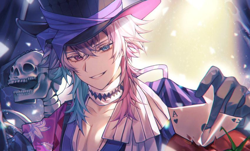 1boy absurdres aqua_hair black_gloves blue_eyes card gavis_bettel gloves grey_hair hair_between_eyes hat heterochromia highres holding holding_card holostars holostars_english male_focus multicolored_clothes multicolored_hair pink_eyes pink_hair skeleton smile solo striped teeth tomato top_hat virtual_youtuber yu_yu_(yuyuuuu99550771)