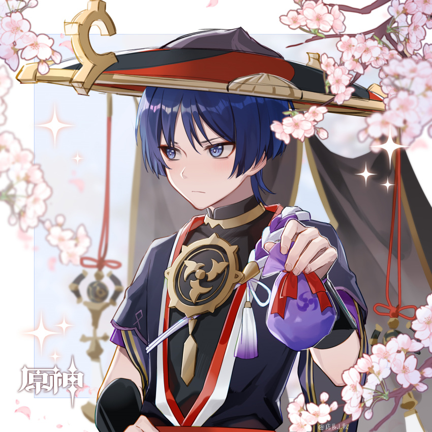1boy armor bag bananakeki bangs blue_eyes blue_hair blush cherry_blossoms clothing_request flower genshin_impact hat highres holding holding_bag japanese_armor japanese_clothes kote kurokote looking_to_the_side male_focus official_style petals scaramouche_(genshin_impact) simple_background solo sparkle tsundere upper_body white_background