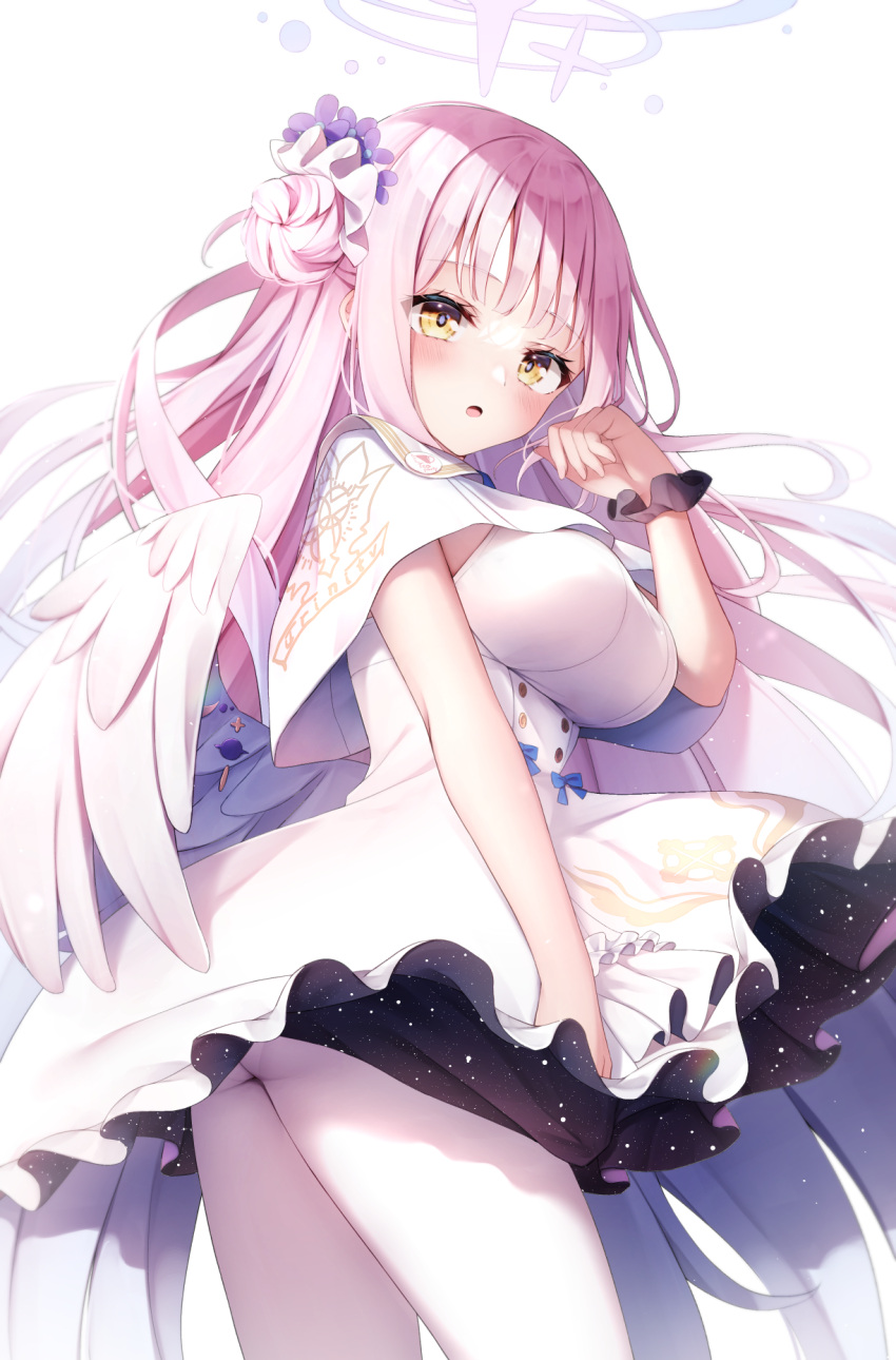 1girl :o angel_wings bangs black_scrunchie blue_archive blue_bow blue_flower bow breasts capelet dress feathered_wings flower frilled_ribbon frills hair_bun hair_flower hair_ornament hair_ribbon halo highres large_breasts light_blush long_hair looking_at_viewer low_wings mika_(blue_archive) open_mouth pantyhose pink_hair ribbon scrunchie shishou_(doragyurosu) simple_background single_side_bun solo thighs underbust white_background white_capelet white_dress white_pantyhose white_ribbon white_wings wing_ornament wings wrist_scrunchie yellow_eyes