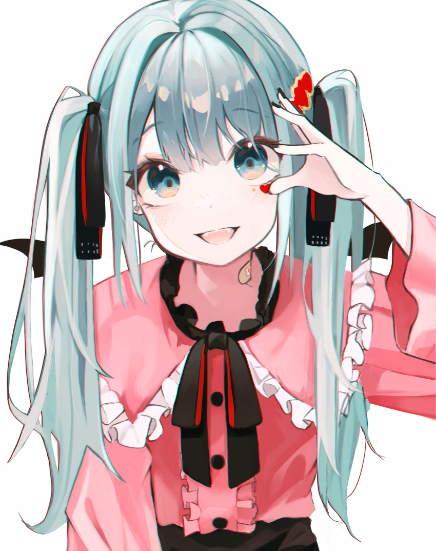 1girl absurdres aqua_eyes aqua_hair arm_at_side bandaid bandaid_on_neck bangs black_skirt bow bowtie buttons center_frills commentary e_name earrings frills hair_ornament hand_up hatsune_miku highres jewelry long_hair long_sleeves looking_at_viewer open_mouth pink_shirt shirt simple_background skirt smile solo stud_earrings twintails upper_body vampire_(vocaloid) vocaloid white_background
