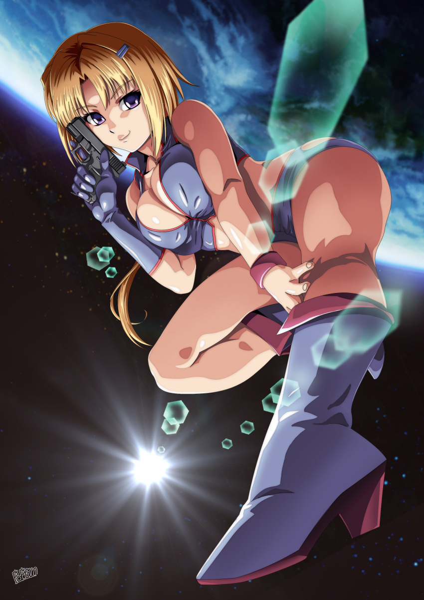 1girl absurdres bangs blonde_hair boots bracelet breasts cleavage cosplay crop_top dirty_pair earth_(planet) elbow_gloves ellen_aice flying glock gloves grey_shorts gun handgun high_heel_boots high_heels highres holding holding_gun holding_weapon jewelry kei_(dirty_pair) kei_(dirty_pair)_(cosplay) lens_flare long_hair medium_breasts muvluv muvluv_unlimited:_the_day_after parted_bangs planet popgun_(22882502) purple_eyes shorts single_glove smile solo space weapon