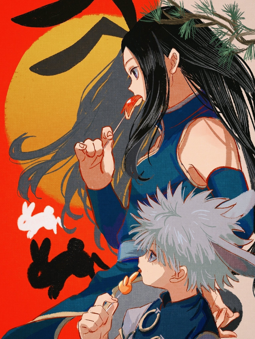 2boys animal_ears apple_bunny bangs bare_shoulders black_hair branch brothers candy child chinese_zodiac detached_sleeves eating expressionless extra_ears floating_hair food food_art from_side grey_hair hand_on_hip hand_up highres holding holding_candy holding_food holding_lollipop hunter_x_hunter illumi_zoldyck kemonomimi_mode killua_zoldyck licking lollipop long_hair long_sleeves looking_away male_child male_focus multiple_boys o-ring open_mouth pants profile puffy_short_sleeves puffy_sleeves rabbit rabbit_boy rabbit_ears red_background sash short_hair short_sleeves siblings silhouette thicopoyo tongue tongue_out white_pants year_of_the_rabbit