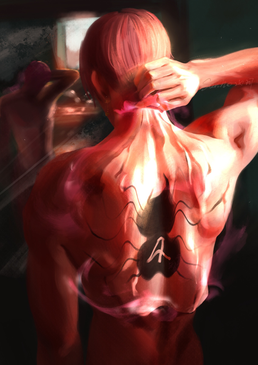 1boy absurdres arm_at_side back_tattoo body_writing facing_away from_behind hair_down hakuraku hand_on_own_neck hand_up highres hisoka_morow hunter_x_hunter indoors male_focus mirror nude photo-referenced pink_hair reflection removing short_hair solo spider_tattoo spoilers tattoo upper_body wet