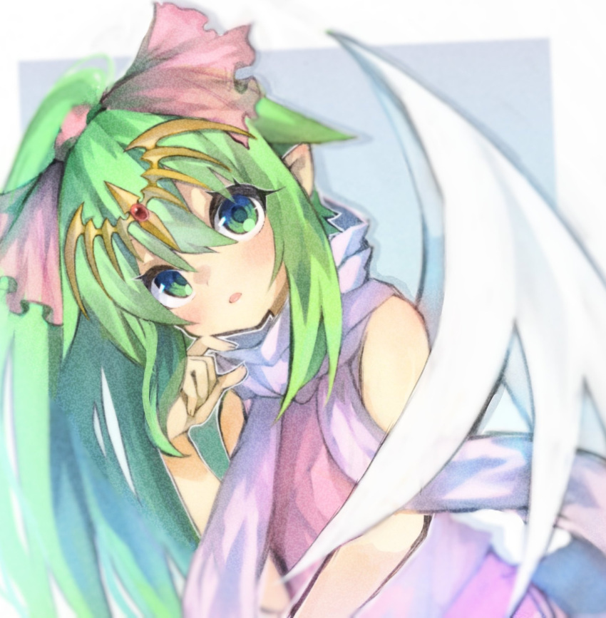 1girl bangs bare_shoulders blush delaware3850 dragon_wings dress fingernails fire_emblem fire_emblem:_mystery_of_the_emblem gem green_eyes hair_between_eyes hair_ribbon hand_up headpiece highres light_green_hair long_hair open_mouth pink_dress pink_ribbon pointy_ears ponytail purple_scarf red_gemstone ribbon scarf sleeveless sleeveless_dress solo tiki_(fire_emblem) tiki_(young)_(fire_emblem) white_wings wings