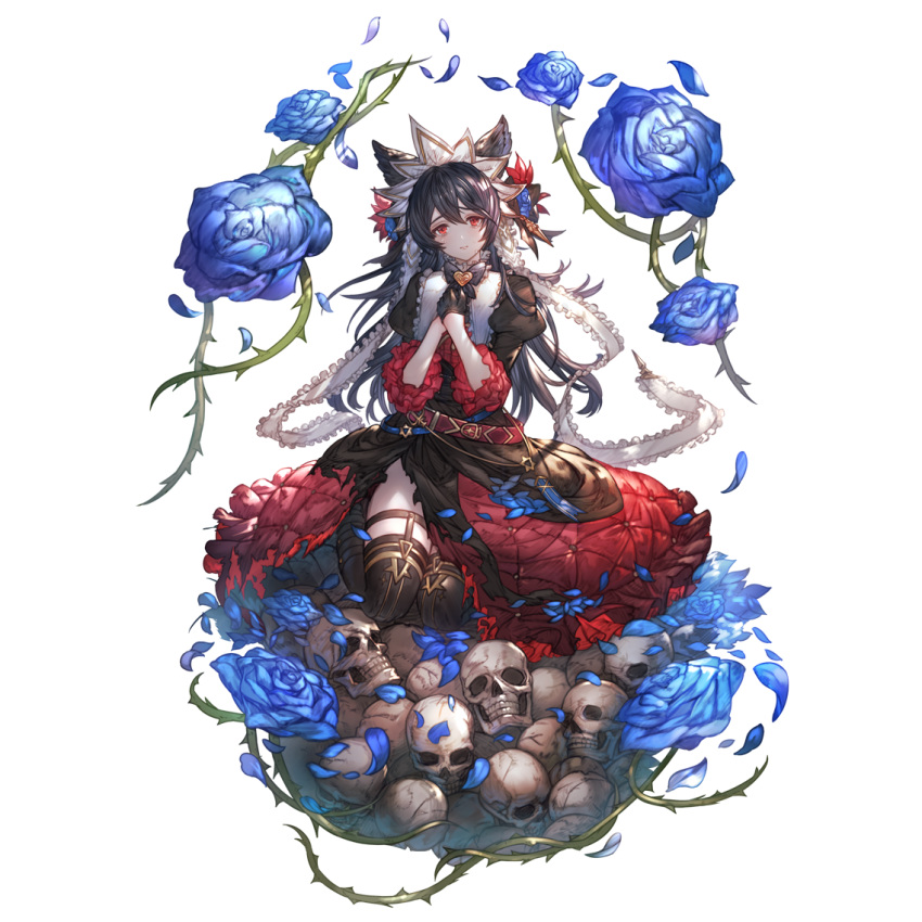 1girl animal_ears black_gloves black_hair black_thighhighs blue_flower blue_rose closed_mouth dress flower gloves granblue_fantasy hands_on_own_chest hands_up long_hair looking_at_viewer minaba_hideo nier_(granblue_fantasy) official_art own_hands_together petals puffy_sleeves red_eyes rose skull solo thighhighs thorns transparent_background