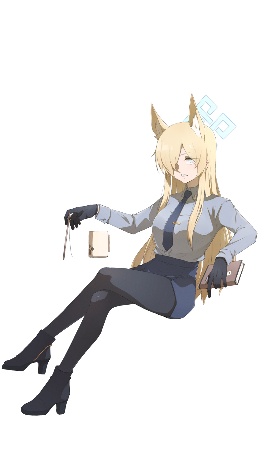 1girl absurdres animal_ears bangs black_footwear black_gloves black_pantyhose blonde_hair blue_archive blue_eyes blue_necktie blue_shirt blue_skirt book clenched_teeth coffee_mug collared_shirt cup extra_ears gloves hair_over_one_eye halo high_heels highres holding holding_book if_f invisible_chair kanna_(blue_archive) long_hair long_sleeves looking_at_viewer mug necktie pantyhose sharp_teeth shirt shirt_tucked_in simple_background sitting skirt solo teeth white_background