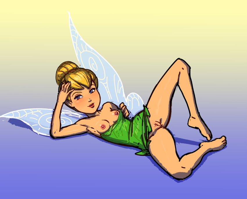 2020 arm_support bedroom_eyes blonde_hair blue_eyes blush breasts clitoris clothing dress dress_down dress_only exposed_breasts fairy feet_together female front_view full-length_portrait genitals gradient_background green_clothing green_dress hair hair_bun hi_res humanoid insect_wings leaning_on_elbow lips looking_at_viewer lying narrowed_eyes nipples on_back pears_(artist) peter_pan plantigrade portrait pose presenting presenting_breasts presenting_pussy pussy red_lips seductive simple_background solo spread_legs spreading tinker_bell_(disney) translucent translucent_wings winged_humanoid wings