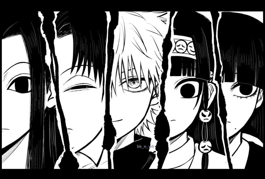 1other 4boys alluka_zoldyck bangs bk_n_wh blunt_bangs bob_cut border brothers closed_mouth commentary eye_focus frown greyscale hairband half-closed_eyes highres hunter_x_hunter illumi_zoldyck kalluto_zoldyck killua_zoldyck looking_at_viewer looking_away male_focus milluki_zoldyck mole mole_under_mouth monochrome multiple_boys otoko_no_ko parted_bangs portrait short_hair siblings sidelocks sideways_glance smile twitter_username