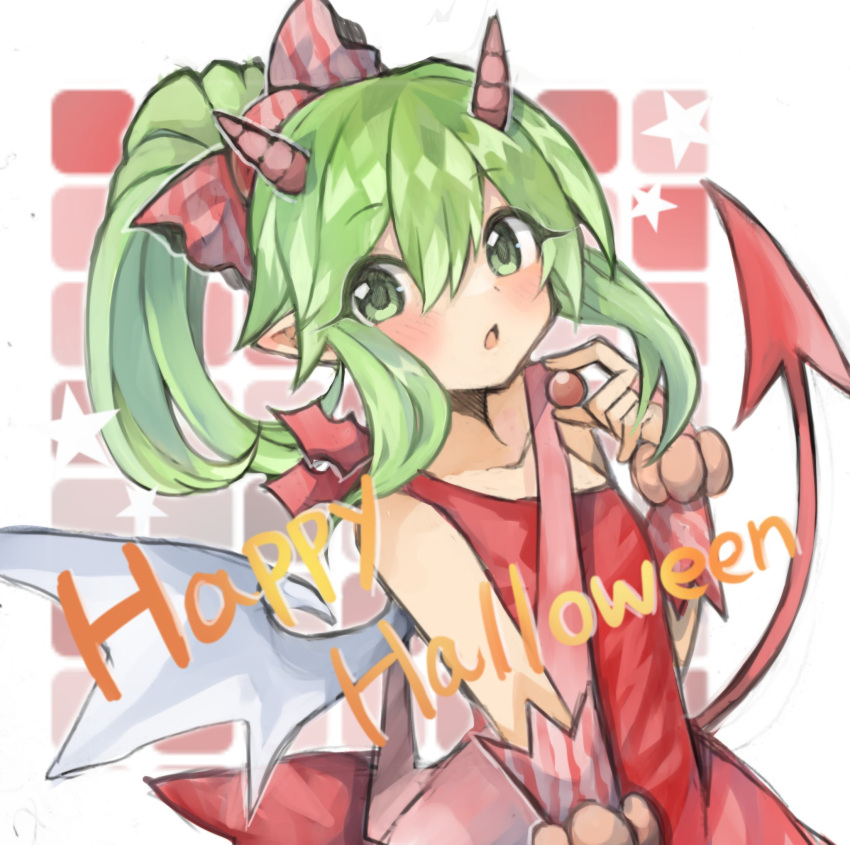 1girl :o bangs blush bow delaware3850 demon_tail fire_emblem fire_emblem:_mystery_of_the_emblem fire_emblem_heroes green_eyes grey_wings hair_between_eyes hair_bow happy_halloween highres horns light_green_hair long_hair multicolored_wings official_alternate_costume open_mouth pink_horns pointy_ears red_tail sidelocks solo star_(symbol) striped striped_bow tail tiki_(fire_emblem) tiki_(young)_(fire_emblem) tiki_(young)_(halloween)_(fire_emblem) two-tone_wings white_wings wings