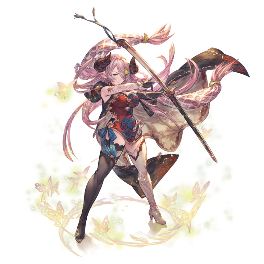 1girl asymmetrical_footwear black_footwear blue_eyes boots brown_gloves cape china_dress chinese_clothes draph dress gloves granblue_fantasy hair_over_one_eye hands_up high_heels holding holding_sword holding_weapon horns legs_apart long_hair looking_at_viewer minaba_hideo mismatched_footwear narmaya_(granblue_fantasy) official_art one_eye_covered pink_hair pointy_ears red_dress solo standing sword thigh_boots transparent_background two-sided_cape two-sided_fabric weapon white_footwear