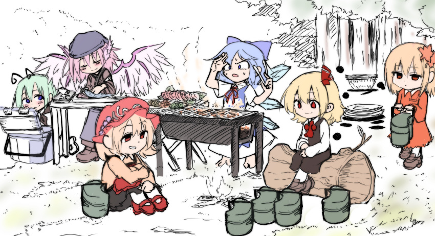 6+girls aki_minoriko aki_shizuha animal_ears antennae apron ascot bangs barefoot bird_ears bird_wings black_footwear black_skirt black_vest blonde_hair blue_bow blue_dress blue_eyes blue_hair blue_headwear blush bow brown_footwear brown_kimono cirno closed_mouth collared_shirt commentary cooking dress fairy food fruit_hat_ornament grape_hat_ornament green_hair hair_between_eyes hair_bow hair_ornament hair_ribbon hat hat_ornament head_scarf highres ice ice_wings japanese_clothes kimono leaf_hair_ornament long_sleeves mob_cap multiple_girls mystia_lorelei okamisty open_mouth orange_shirt pink_hair red_apron red_ascot red_eyes red_footwear red_headwear red_ribbon red_skirt red_vest ribbon rumia shinmon_akika shirt shoes short_hair short_sleeves siblings sisters sitting sketch skirt smile team_9 touhou vest white_shirt white_wings wings wriggle_nightbug