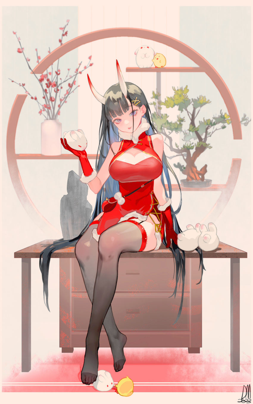 1girl animal azur_lane black_hair blue_hair bonsai breasts colored_inner_hair desk dm_(dai_miao) dress feet full_body gloves hair_ornament hairclip highres holding holding_animal horns large_breasts legs long_hair looking_at_viewer multicolored_hair no_shoes noshiro_(azur_lane) on_desk oni_horns parted_lips plant potted_plant purple_eyes rabbit red_dress red_gloves sitting sitting_on_desk solo thighhighs toes turtleneck_dress very_long_hair x_hair_ornament