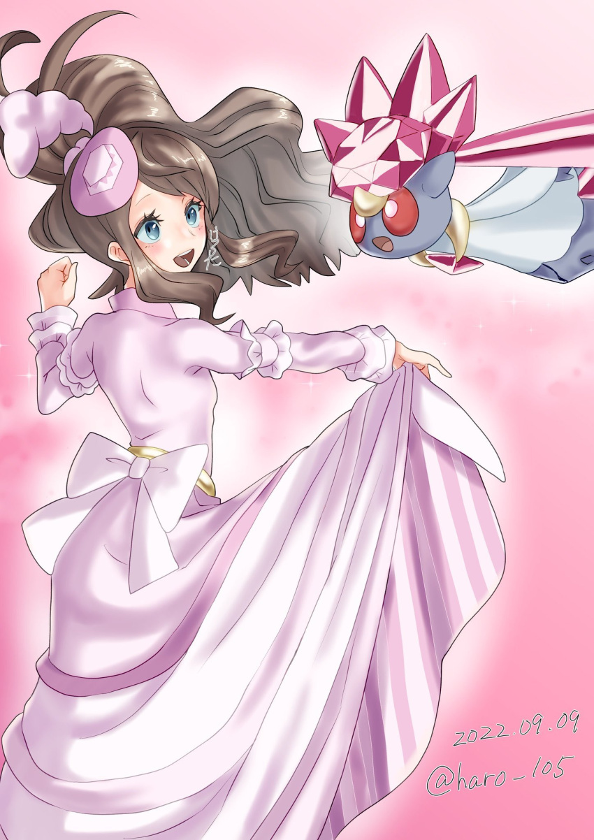 1girl :d bangs blush bow brown_hair clenched_hand clothes_lift commentary_request diancie dress dress_lift frills harota_615 hat highres hilda_(pokemon) hilda_(special_costume)_(pokemon) long_hair long_sleeves mini_hat official_alternate_costume open_mouth pink_background pink_headwear pokemon pokemon_(creature) pokemon_(game) pokemon_masters_ex sidelocks smile teeth tongue white_bow