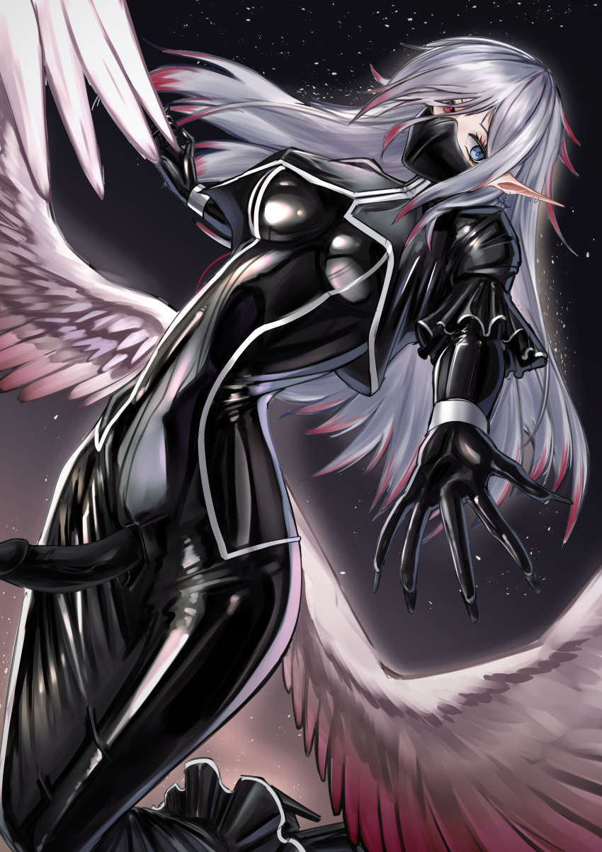 1girl absurdres black_background bodysuit capelet dress erection futanari gloves heterochromia highres latex latex_bodysuit long_hair looking_to_the_side mask original outstretched_arm pale_skin penis pointy_ears puffy_sleeves tptgdt very_long_hair white_hair wide_hips wings
