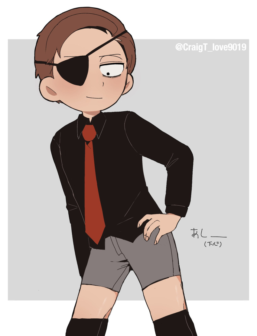 1boy artist_name black_shirt brown_hair collared_shirt commentary commentary_request cowboy_shot craigt_love9019 evil_morty eyepatch formal hand_on_hip highres male_focus morty_smith necktie one_eye_covered red_necktie rick_and_morty shirt short_hair shorts simple_background smile solo suit translation_request white_background