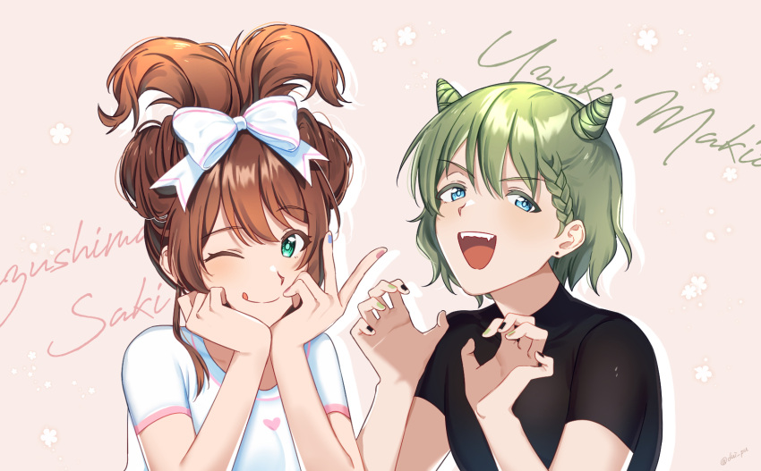 2boys alternate_hairstyle bangs black_shirt blue_eyes borrowed_hairstyle bow braid brown_hair character_name cinnamiku cone_hair_bun double_bun fingernails green_eyes green_hair hair_between_eyes hair_bow hair_bun highres idolmaster idolmaster_side-m male_focus mizushima_saki multiple_boys nail_polish one_eye_closed open_mouth otoko_no_ko shirt short_sleeves smile sunyack tongue tongue_out updo uzuki_makio white_shirt