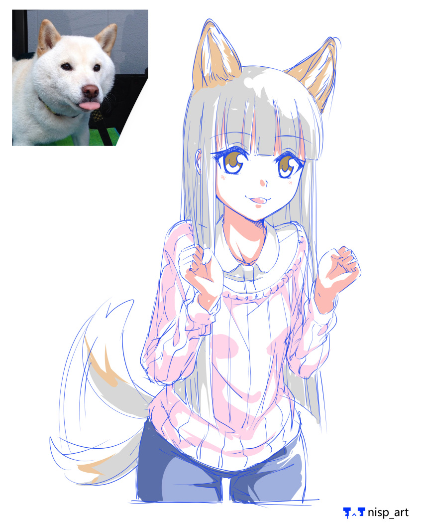 1girl absurdres animal_ear_fluff animal_ears artist_logo artist_name bangs blunt_bangs blunt_ends blush collared_shirt commentary cropped_legs denim dog_ears dog_girl dog_tail hands_up highres jeans long_hair long_sleeves nisp_art original pants pink_sweater reference_inset russian_commentary shirt simple_background smile solo sweater tail tail_wagging tongue tongue_out white_background white_hair white_shirt