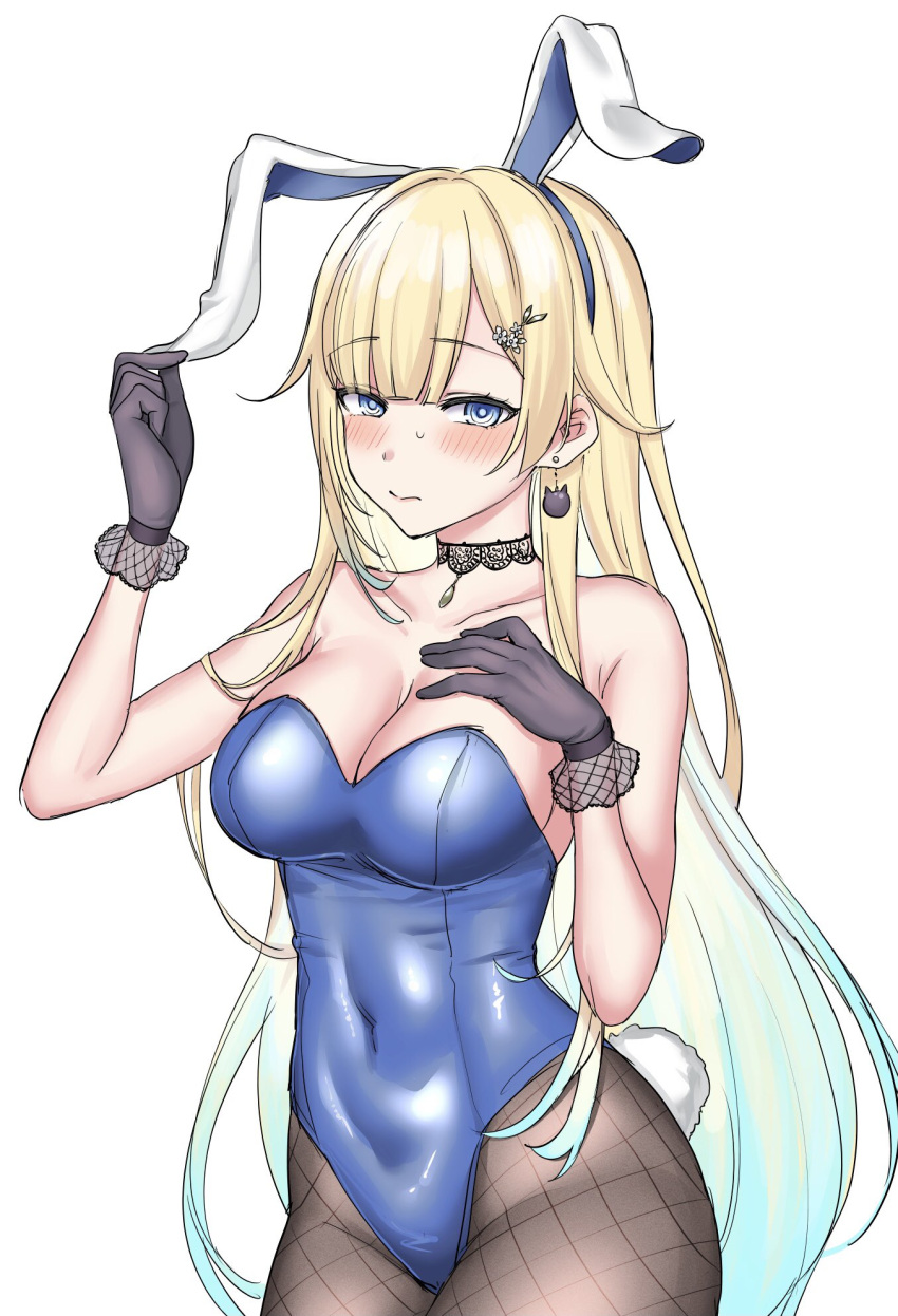 1girl aizawa_ema akkgsyk animal_ears bangs bare_shoulders black_gloves blonde_hair blue_eyes blue_hair blue_leotard blunt_bangs blush breasts choker cleavage earrings fake_animal_ears fake_tail frilled_gloves frills gloves gradient_hair hair_ornament hand_on_own_chest highleg highleg_leotard highres jewelry lace lace-trimmed_choker lace_choker lace_trim large_breasts leotard long_hair looking_at_viewer multicolored_hair pantyhose playboy_bunny rabbit_ears rabbit_tail simple_background solo strapless strapless_leotard sweatdrop tail very_long_hair virtual_youtuber vspo!