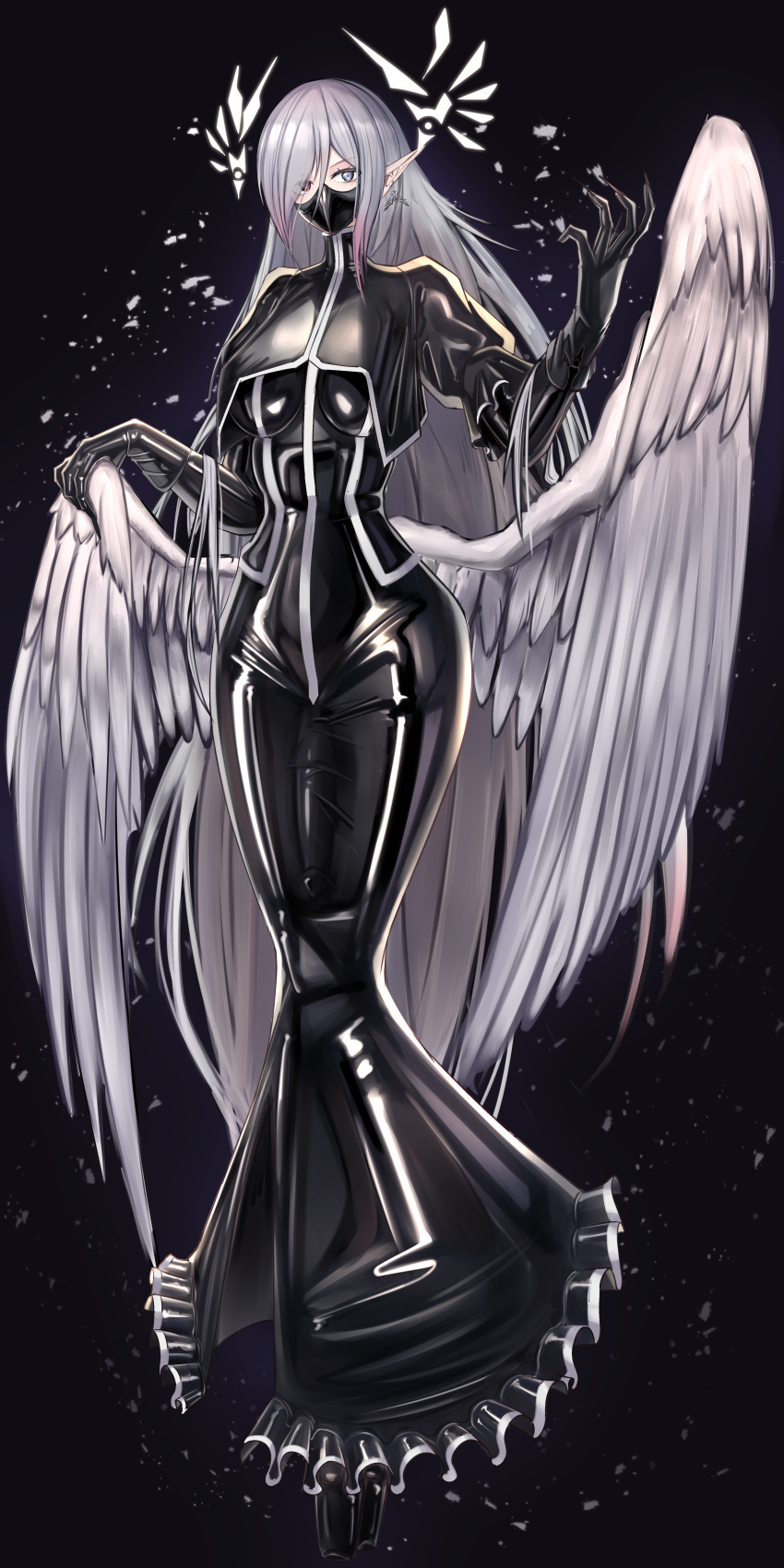 absurdres black_background blue_eyes bodysuit capelet dress full_body gloves highres latex latex_bodysuit latex_dress long_hair looking_to_the_side mask original pale_skin pointy_ears puffy_sleeves tptgdt very_long_hair white_hair wide_hips wings