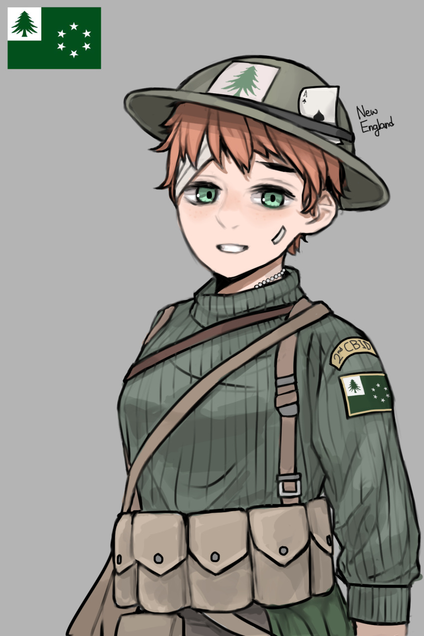 1girl ace_of_spades bandaged_head bandages bandaid bandaid_on_face belt_pouch brown_hair close-up flag green_eyes grey_background hearts_of_iron helmet highres jewelry kaiserreich looking_at_viewer military military_uniform necklace patch pearl_necklace pouch pzkpfwi sketch smile spade_(shape) tree turtleneck uniform