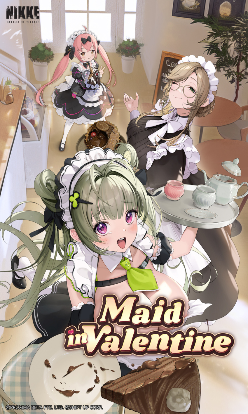 3girls ade_(nikke) ahoge apron bangs black_dress black_footwear black_shirt black_skirt blonde_hair bow braid breasts cake chocolate chocolate_cake cleavage cocoa_(nikke) collar copyright_name cup doll door dress dropping food glasses goddess_of_victory:_nikke green_eyes green_hair hair_ornament heart highres holding holding_tray huge_breasts large_breasts long_hair long_sleeves maid maid_apron maid_headdress medium_hair multiple_girls necktie official_art one_eye_closed orange_eyes petite picture_frame pink_hair plant plate purple_eyes round_table shirt sidelocks skirt small_breasts smile soda_(nikke) stairs strap table teapot teeth tray twintails v white_apron