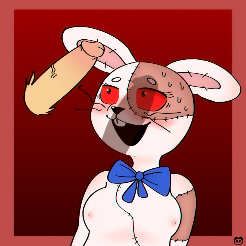1:1 anthro blush bodily_fluids bow_tie breasts clothing disembodied_penis duo elponda female five_nights_at_freddy's five_nights_at_freddy's:_security_breach gen genitals glamrock_freddy_(fnaf) hi_res lagomorph leporid looking_up male male/female mammal open_mouth patch_(fabric) penis penis_shadow rabbit red_eyes scottgames seam_(sewing) smile surprised_expression sweat vanny_(fnaf) vein veiny_penis whiskers white_body