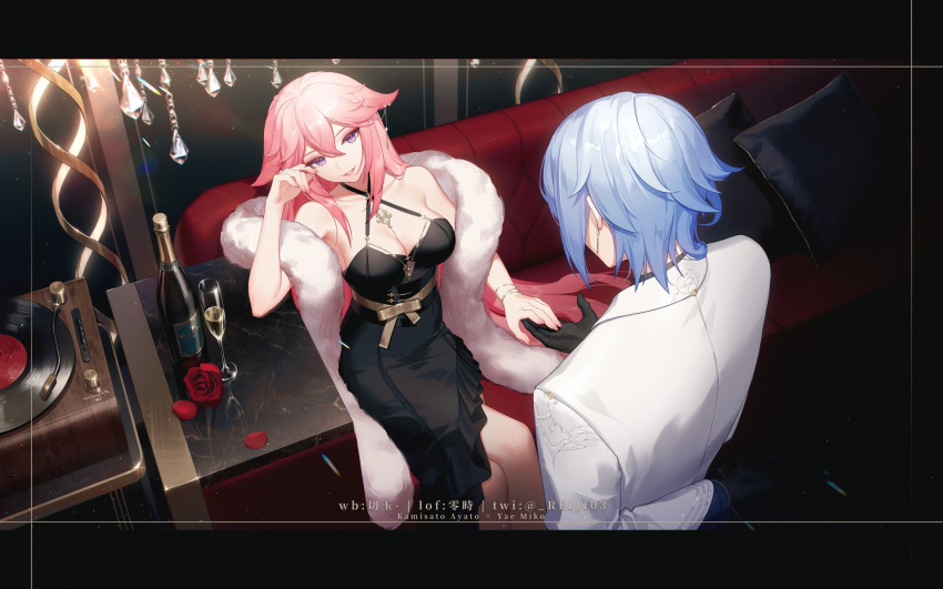 1boy 1girl alternate_costume animal_ears arm_behind_back bangs bare_shoulders black_dress black_gloves blue_hair breasts champagne_bottle cleavage commentary couch crossed_legs cup dress drinking_glass earrings flower formal fox_ears fur_shawl genshin_impact gloves grin head_tilt highres holding_hands jewelry kamisato_ayato letterboxed lofter_username long_hair long_sleeves looking_at_another phonograph pillow pink_hair purple_eyes record red_flower red_rose rj_(lingshih10) rose shawl short_hair sitting sleeveless sleeveless_dress smile suit twitter_username weibo_username white_suit yae_miko