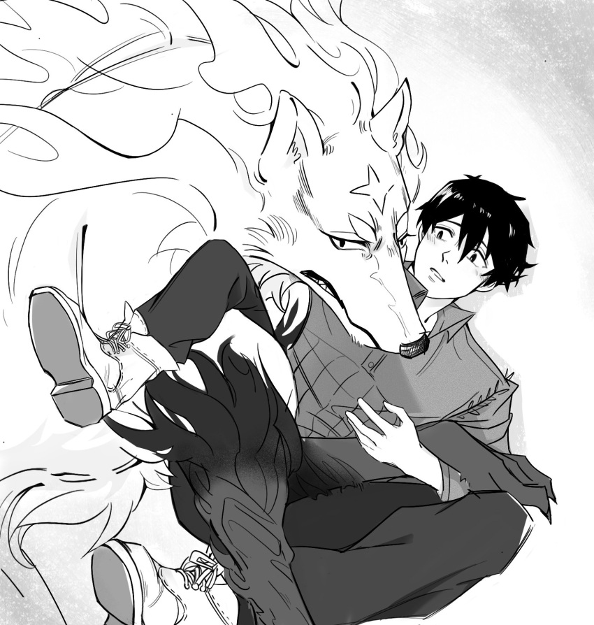 campfire_cooking_in_another_world_with_my_absurd_skill canid canine canis duo fel_(fenrir) feral hi_res human male mammal master monochrome mukoda_tsuyoshi pet size_difference white33758768 wolf