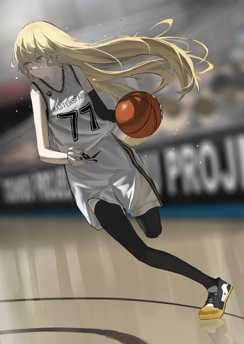 1girl 38_(sanjuuhachi) absurdres ball bangs basketball basketball_court basketball_uniform black_leggings blonde_hair blurry blurry_background breasts bright_pupils clothes_writing elbow_sleeve floating_hair highres holding holding_ball kirisame_marisa leggings light_particles long_hair medium_breasts parted_lips reflective_floor running serious shoes sneakers solo sportswear standing standing_on_one_leg touhou white_pupils yellow_eyes yin_yang yin_yang_print