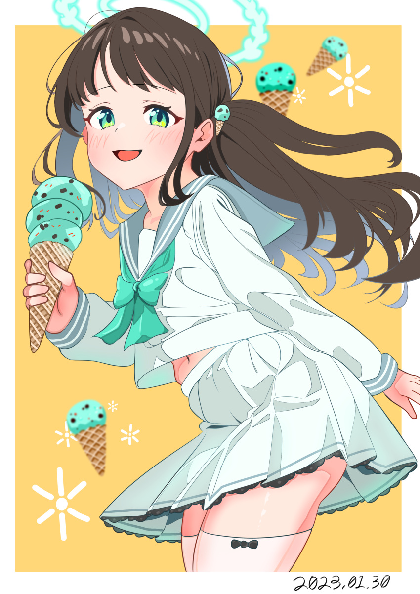 1girl absurdres airi_(blue_archive) bangs blue_archive brown_hair commentary dandan_(uaee4742) dated food food-themed_hair_ornament from_side green_eyes green_neckerchief grey_sailor_collar hair_ornament halo highres ice_cream ice_cream_cone ice_cream_hair_ornament long_sleeves looking_at_viewer midriff mint_chocolate_chip navel neckerchief open_mouth sailor_collar school_uniform serafuku shirt sidelocks skirt smile solo standing stomach thighhighs thighs white_serafuku white_shirt white_skirt white_thighhighs