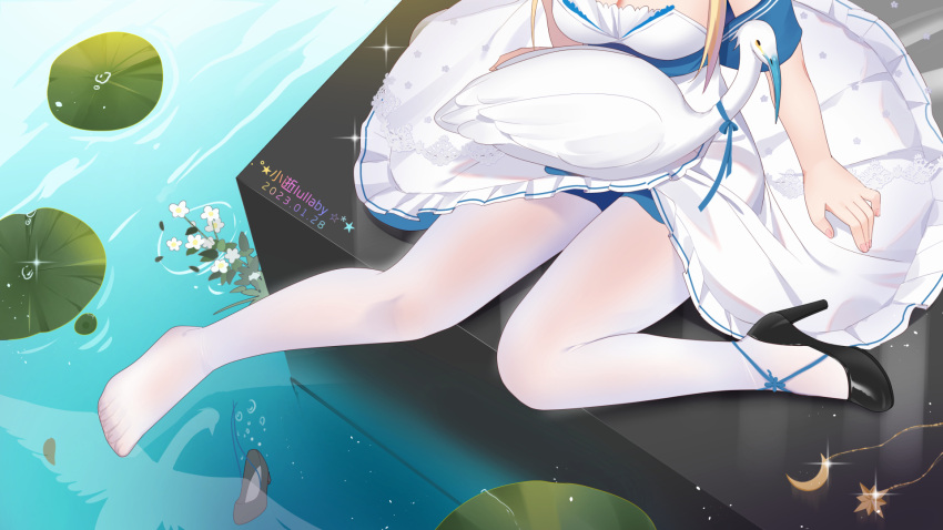 1girl artist_name azur_lane bird black_footwear blonde_hair blue_dress breasts chinese_commentary cleavage dated dress dutch_angle feet from_above high_heels highres juneau_(azur_lane) juneau_(in_the_swan_garden)_(azur_lane) lily_pad lower_body medium_breasts official_alternate_costume pantyhose shoes single_shoe solo swan thighs toes two-tone_dress water white_dress white_pantyhose xiao_shi_lullaby