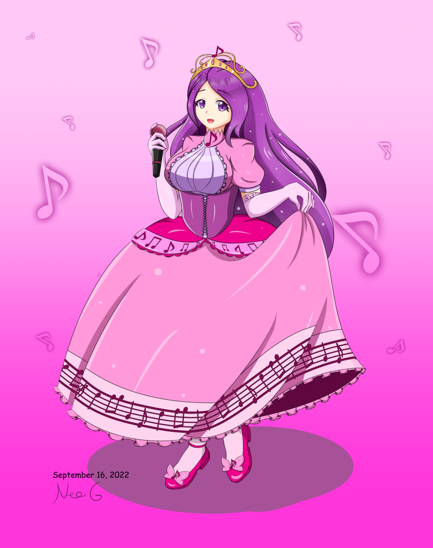 1girl absurdres artist_name artist_request bow breasts commentary commission corset dated dress elbow_gloves english_commentary footwear_bow full_body gloves gradient_background highres holding holding_microphone large_breasts long_hair looking_at_viewer md5_mismatch microphone musical_note musical_note_print open_mouth original pink_background pink_bow pink_dress pink_footwear princess print_dress puffy_short_sleeves puffy_sleeves purple_eyes purple_hair second-party_source shoes short_sleeves signature simple_background skirt_hold smile solo standing tiara underbust white_gloves