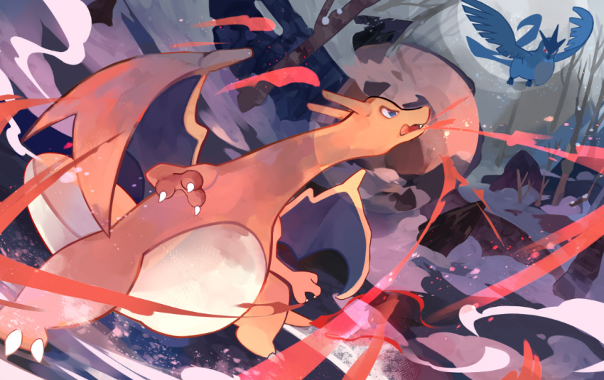 ab-ten articuno bare_tree bird blue_eyes charizard claws commentary_request fang flying looking_up no_humans open_mouth outdoors pokemon pokemon_(creature) standing tree