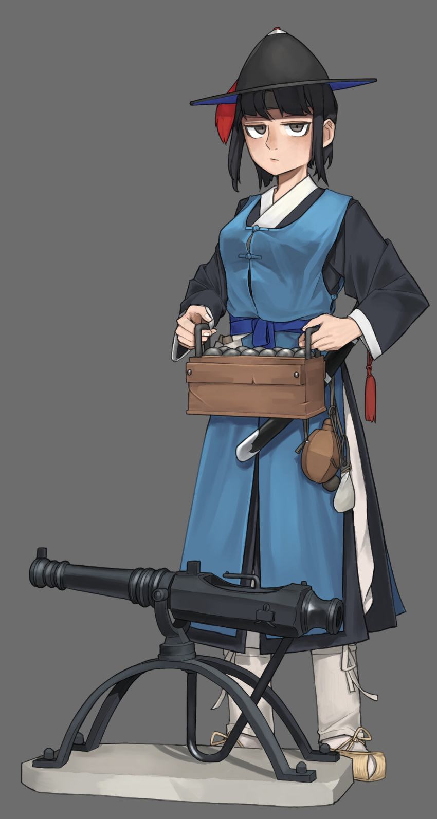 1girl artillery black_hair cannon canteen closed_mouth grey_background grey_eyes hat helmet highres holding jitome korean_clothes long_sleeves looking_at_viewer military_helmet original pants pzkpfwi sandals short_hair simple_background soldier solo tabard weapon_request white_pants