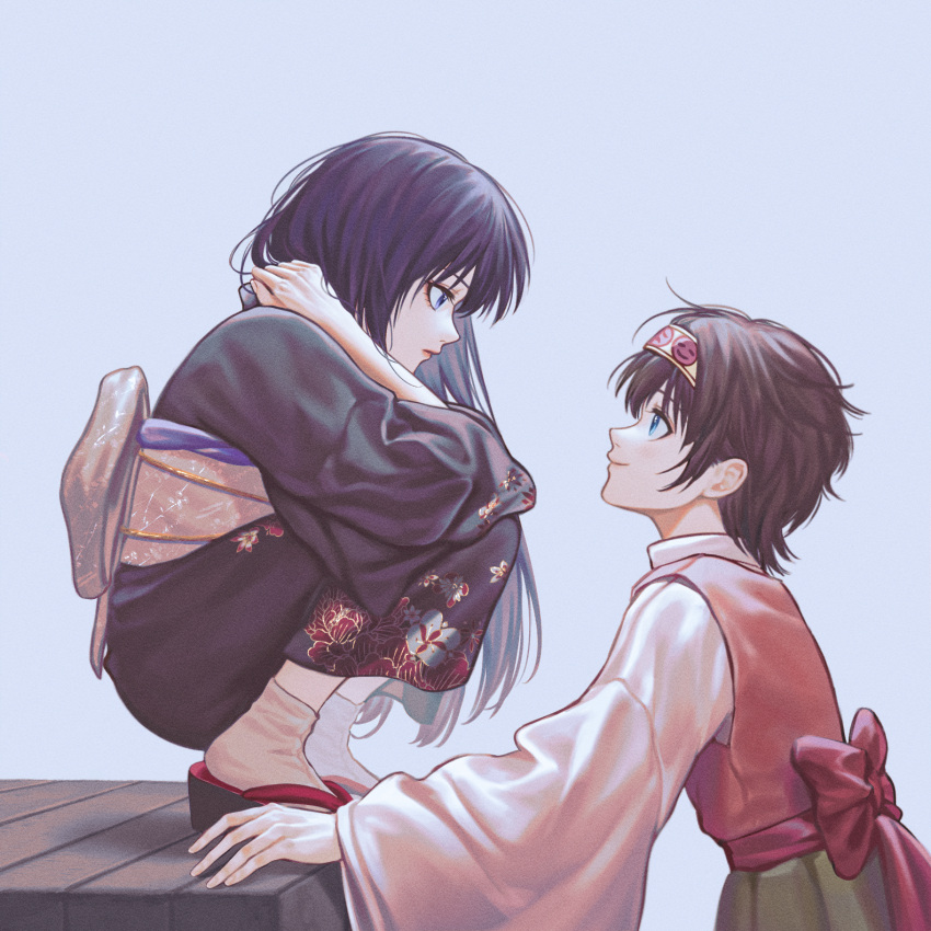 1boy 1other alluka_zoldyck alternate_hair_length alternate_hairstyle androgynous back_bow bangs black_hair black_kimono blue_eyes bow brothers brown_hair closed_mouth crossdressing eye_contact from_side full_body geta hair_length_switch hairband hairstyle_switch hand_up highres hunter_x_hunter japanese_clothes kalluto_zoldyck kimono leaning_forward lipstick long_hair long_sleeves looking_at_another looking_away makeup male_focus nishi2023 obi otoko_no_ko profile sash siblings simple_background socks squatting tabi very_long_hair white_socks wide_sleeves