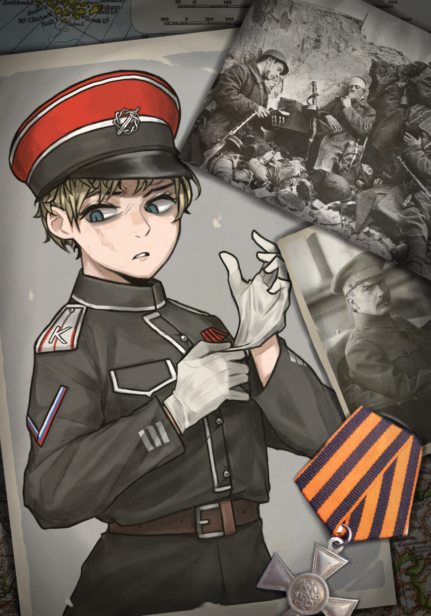 1girl adjusting_clothes adjusting_gloves belt black_coat blonde_hair blue_eyes brown_belt chevron_(symbol) coat crown_of_thorns gloves hat hearts_of_iron highres kaiserreich military military_hat military_uniform peaked_cap photo_inset pzkpfwi revision russian_flag scar scar_on_face solo sword uniform weapon white_hair