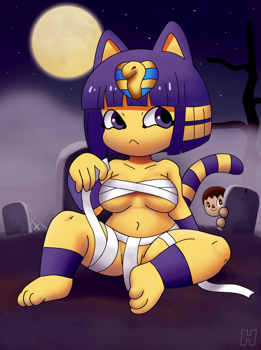 animal_crossing ankha_(animal_crossing) anthro bandage big_breasts bodily_fluids breasts cemetery chest_wraps domestic_cat duo egyptian_headdress felid feline felis female fog fur hair hakimurax hi_res human male mammal markings moon navel night nintendo plant purple_body purple_eyes purple_hair purple_stripes sitting sky spider_web star striped_markings striped_tail stripes sweat sweatdrop tail tail_markings thick_thighs tombstone tree villager_(animal_crossing) wide_hips wraps yellow_body yellow_fur