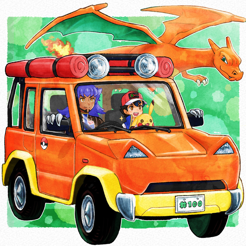 +_+ 2boys :d ash_ketchum bangs black_hair blue_jacket blush border brown_eyes car charizard closed_mouth dark-skinned_male dark_skin driving green_background ground_vehicle hat highres jacket leon_(pokemon) long_hair male_focus minato_(mntnm) motor_vehicle multiple_boys open_mouth pikachu pokemon pokemon_(anime) pokemon_(creature) pokemon_journeys purple_hair red_headwear shirt short_hair sleeveless sleeveless_jacket smile sparkle steering_wheel teeth upper_teeth_only white_border