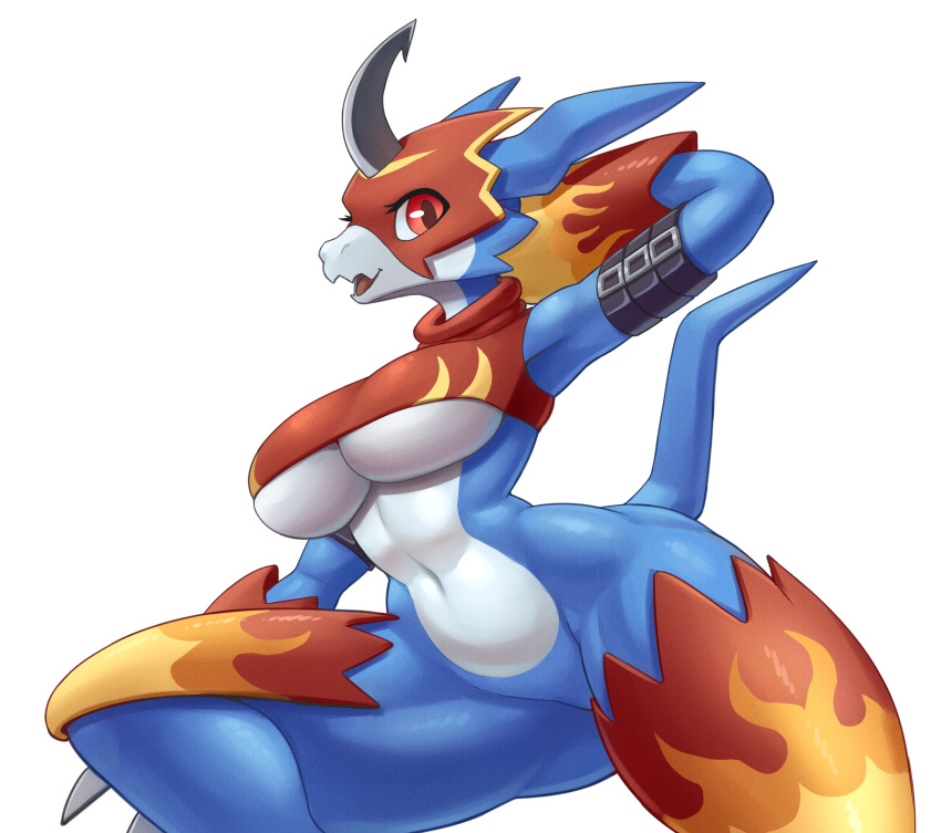 anthro bandai_namco big_breasts blue_body bottomless breasts clothed clothing cooliehigh digimon digimon_(species) female flamedramon hi_res horn looking_at_viewer mask navel nipples non-mammal_breasts non-mammal_nipples red_eyes scalie smile solo thick_thighs tongue under_boob wide_hips
