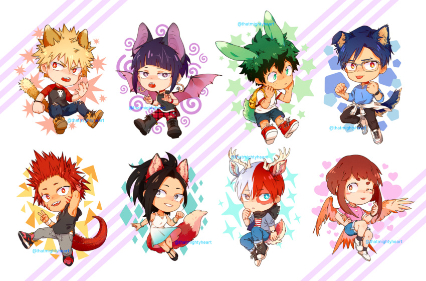 3girls 5boys animal_ears arm_behind_head backpack bag bakugou_katsuki bangs bat_ears bat_girl bat_wings bird_girl bird_tail bird_wings black_hair blonde_hair blue_eyes blue_hair blunt_bangs boku_no_hero_academia boots brown_eyes brown_hair brown_wings burn_scar cat_boy cat_ears cat_tail chibi claws clenched_hands closed_mouth commentary deer_antlers deer_boy deer_ears deer_tail dog_boy dog_ears dog_tail dragon_boy dragon_tail dress english_commentary fangs feathered_wings fox_ears fox_girl fox_tail freckles full_body glasses green_eyes green_hair grey-framed_eyewear grey_eyes heart heterochromia iida_tenya jirou_kyouka kemonomimi_mode kirishima_eijirou long_hair looking_at_viewer midoriya_izuku multicolored_hair multiple_boys multiple_girls one_eye_closed open_mouth orange_eyes pants purple_eyes purple_hair purple_wings rabbit_boy rabbit_ears rabbit_tail red_eyes red_hair rhombus scar scar_on_face scarf shirt shoes short_hair shorts simple_background smile spiked_hair spiral split-color_hair star_(symbol) tail thatmightyheart todoroki_shouto tongue tongue_out two-tone_hair uraraka_ochako v white_background white_hair wings yaoyorozu_momo